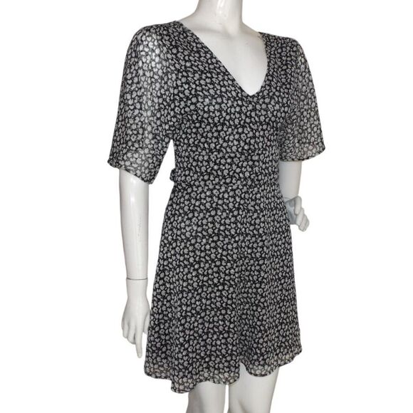 ALL SAINTS Mini Dress, 4, Black/White, Split Flutter Sleeve, V-neck, Sash/Belt - Picture 3 of 15